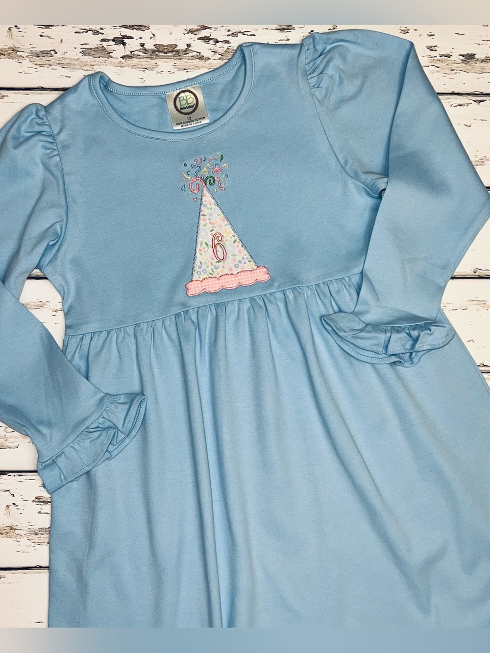 BB Customized Appliquéd Party Hat Design with Number 6 Blue Long Sleeve Dress